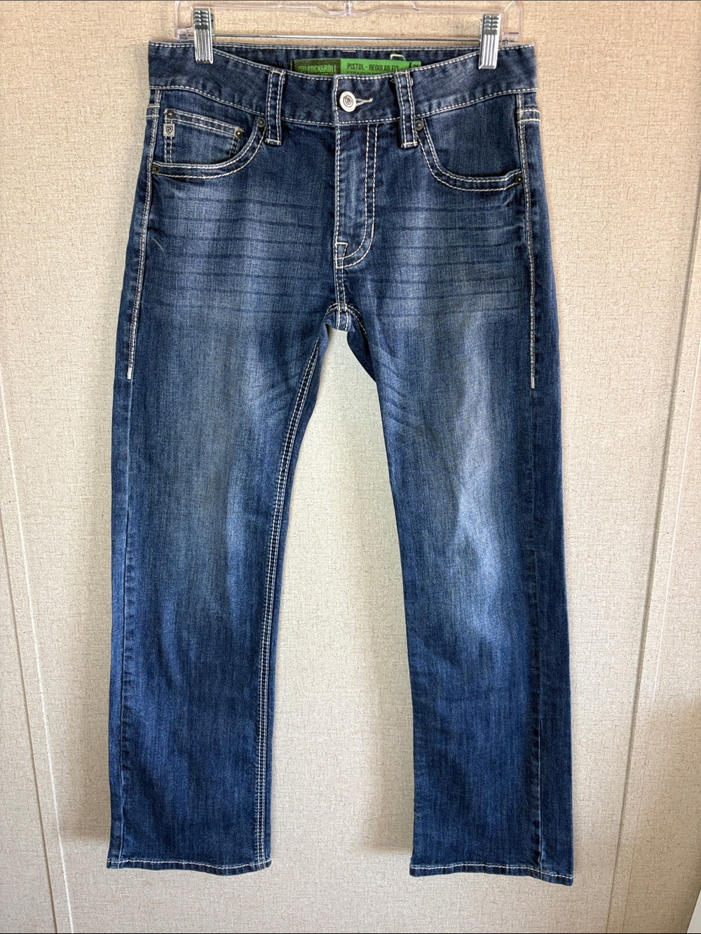 Rock&Roll Pistol Straight Boot Jeans Men's 30x32 Medium Wash Distressed Stitch
